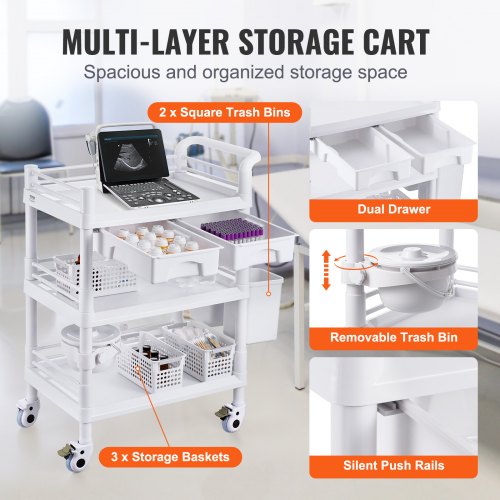 3 Tiers Lab Carts Lab Utility Cart with 3 Trays 4 Silent Wheels Mobile