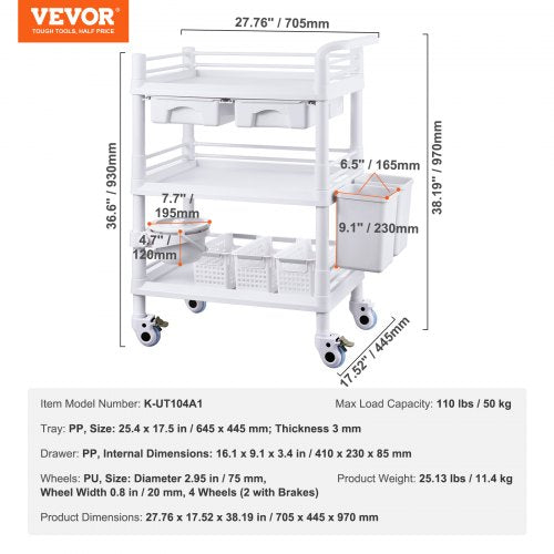 3 Tiers Lab Carts Lab Utility Cart with 3 Trays 4 Silent Wheels Mobile