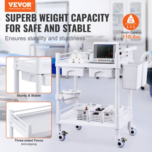 2 Tiers Lab Carts Lab Utility Cart with 2 Trays 2 Drawers 4 Silent