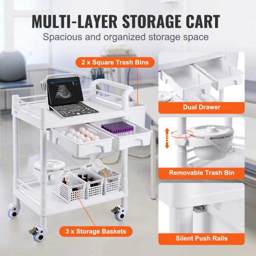 2 Tiers Lab Carts Lab Utility Cart with 2 Trays 2 Drawers 4 Silent