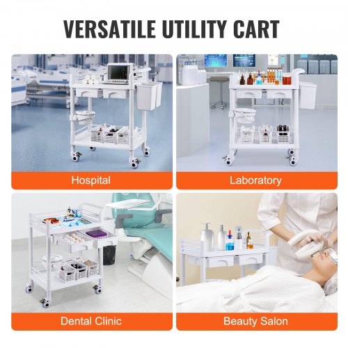 2 Tiers Lab Carts Lab Utility Cart with 2 Trays 2 Drawers 4 Silent