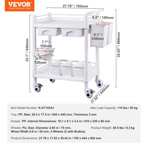 2 Tiers Lab Carts Lab Utility Cart with 2 Trays 2 Drawers 4 Silent