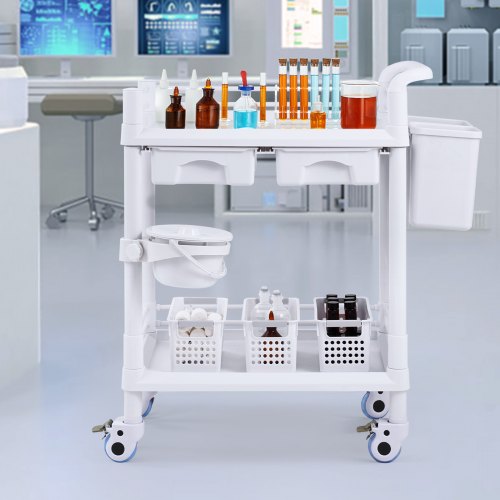 2 Tiers Lab Carts Lab Utility Cart with 2 Trays 2 Drawers 4 Silent