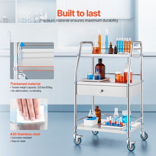Service Cart 3 Layers Stainless Steel Utility Rolling Cart Medical Cart