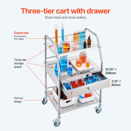 Service Cart 3 Layers Stainless Steel Utility Rolling Cart Medical Cart