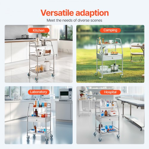 Service Cart 3 Layers Stainless Steel Utility Rolling Cart Medical Cart