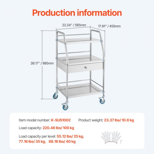 Service Cart 3 Layers Stainless Steel Utility Rolling Cart Medical Cart