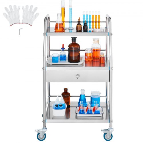 Service Cart 3 Layers Stainless Steel Utility Rolling Cart Medical Cart