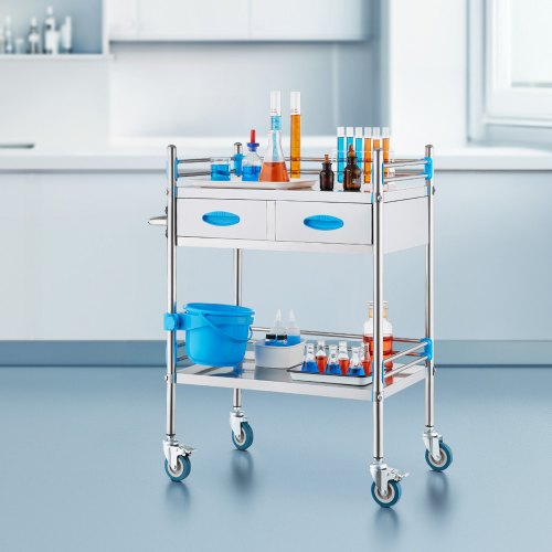 Service Cart 2 Layers Stainless Steel Utility Rolling Cart Medical Cart
