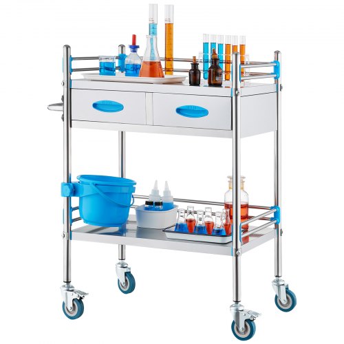 Service Cart 2 Layers Stainless Steel Utility Rolling Cart Medical Cart