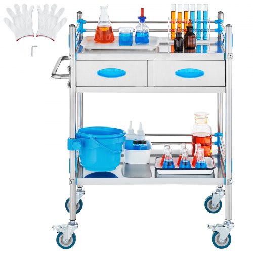 Service Cart 2 Layers Stainless Steel Utility Rolling Cart Medical Cart