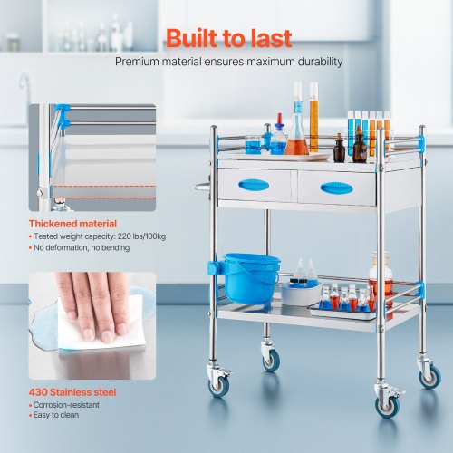 Service Cart 2 Layers Stainless Steel Utility Rolling Cart Medical Cart