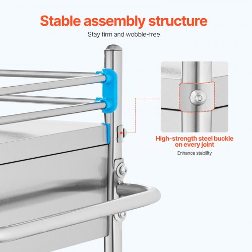 Service Cart 2 Layers Stainless Steel Utility Rolling Cart Medical Cart