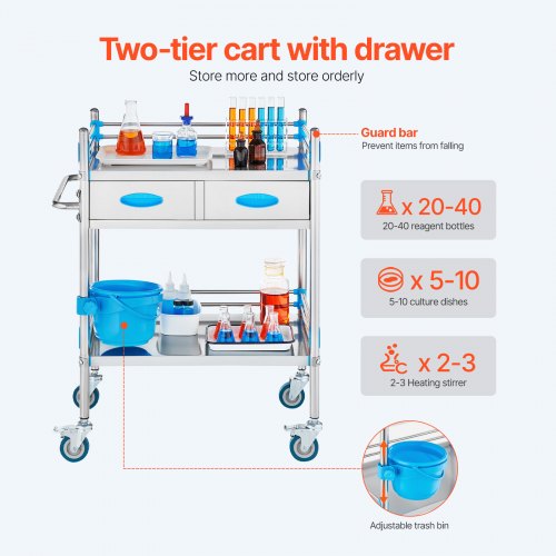Service Cart 2 Layers Stainless Steel Utility Rolling Cart Medical Cart