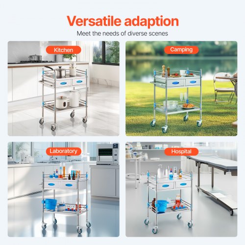 Service Cart 2 Layers Stainless Steel Utility Rolling Cart Medical Cart