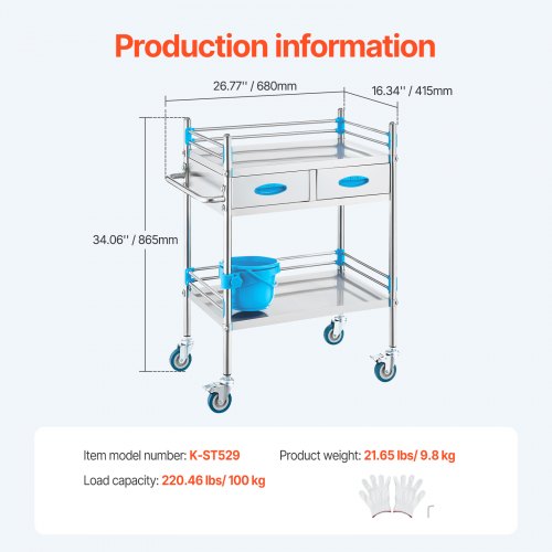 Service Cart 2 Layers Stainless Steel Utility Rolling Cart Medical Cart