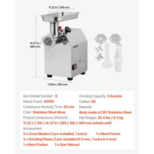 Commercial Electric Meat Grinder 5 Lbsmin Capacity 8 Industrial Mincer With 2