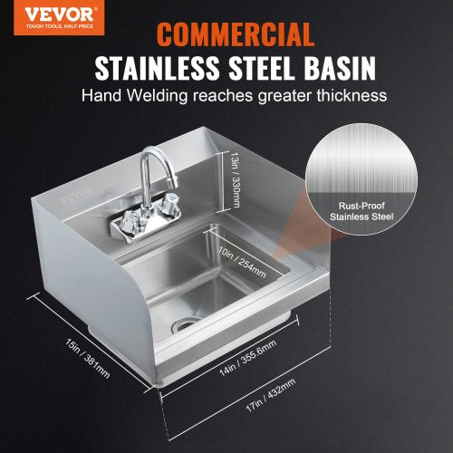 Commercial Hand Sink with Faucet and Side Splash Stainless Steel Sink