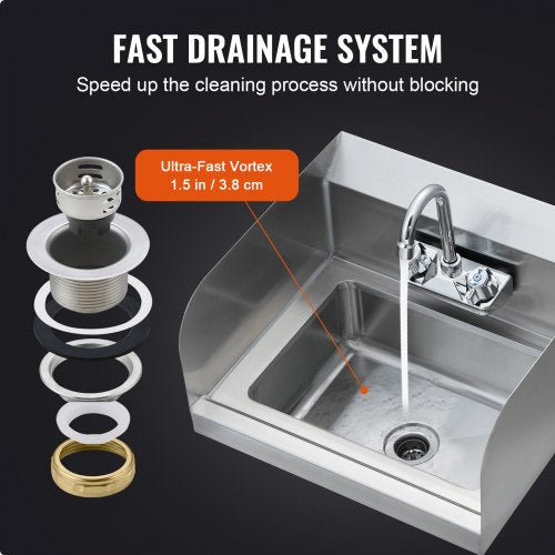 Commercial Hand Sink with Faucet and Side Splash Stainless Steel Sink