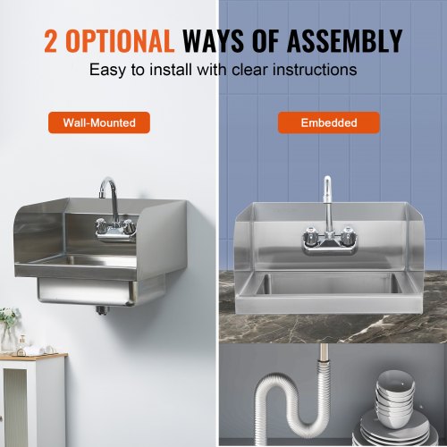 Commercial Hand Sink with Faucet and Side Splash Stainless Steel Sink