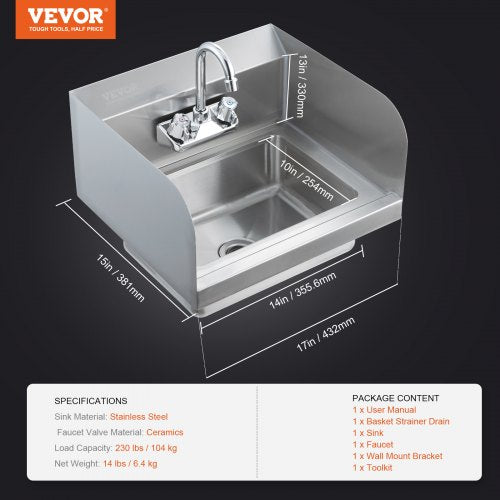 Commercial Hand Sink with Faucet and Side Splash Stainless Steel Sink