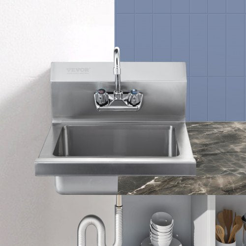 Commercial Hand Sink with Faucet and Side Splash Stainless Steel Sink