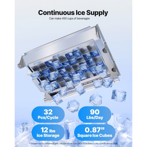 Commercial Ice Maker Machine 90 Lbs24H With 12Lbs Storage 32 Cubes Per Cycle