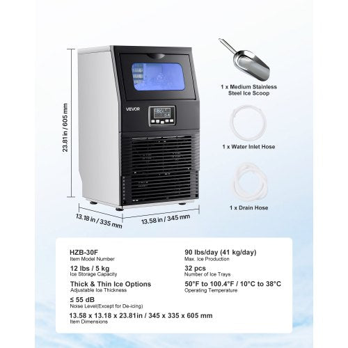 Commercial Ice Maker Machine 90 Lbs24H With 12Lbs Storage 32 Cubes Per Cycle