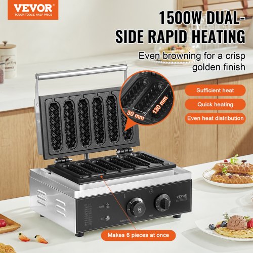 Commercial Waffle Stick Maker 6PCS 1500W Waffle Baker Machine NonStick