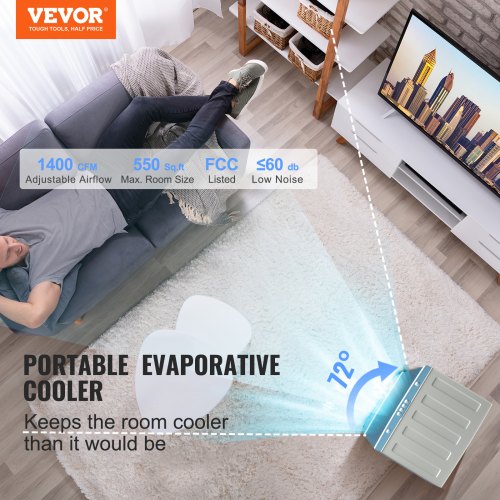 Evaporative Cooler 1400 CFM Air Cooler 84° Oscillating Swamp Cooler5 Gal