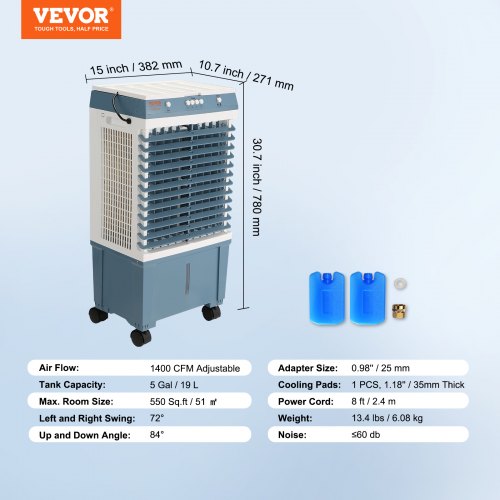 Evaporative Cooler 1400 CFM Air Cooler 84° Oscillating Swamp Cooler5 Gal