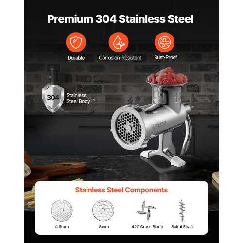 Manual Meat Grinder 304 Stainless Steel Hand Meat Grinder with Steel Table