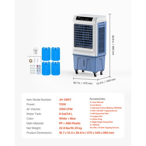 Evaporative Air Cooler 3100 CFM with 9 Gallon Water Tank Swamp Cooler
