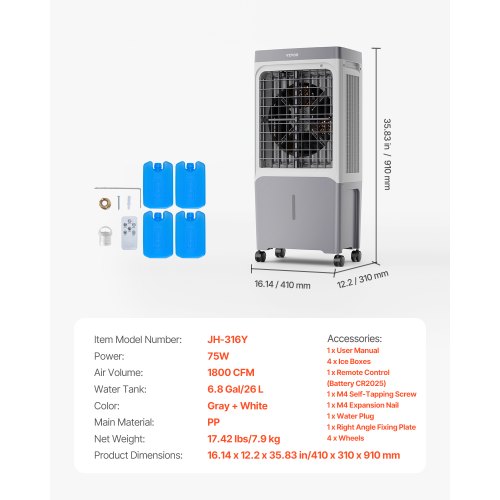 Evaporative Air Cooler 1800 CFM with 6.8 Gallon Water Tank Swamp Cooler