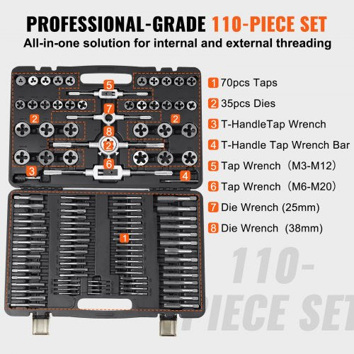 Tap and Die Set 110Piece Include Metric Size M2 to M18 Bearing Steel Taps