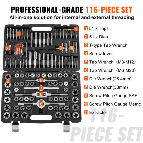 Tap and Die Set 116Piece Include Metric and SAE Size Bearing Steel Taps