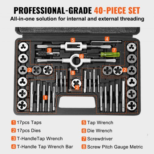 Tap and Die Set 40Piece Include Metric Size M3 to M12 Bearing Steel Taps