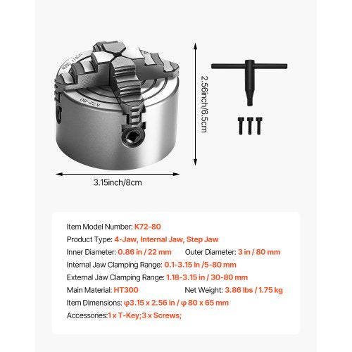4Jaw Lathe Chuck 3 Inch 80 mm 4Jaw Chuck 01315 in 580 mm