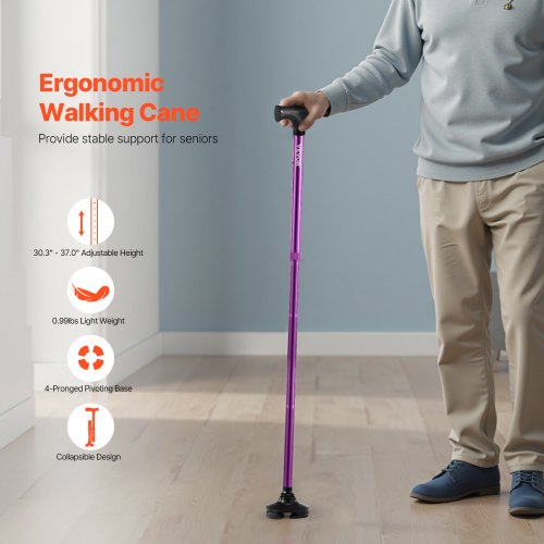 Walking Cane Folding Walking Stick with 8Level Height 4Pronged Pivoting