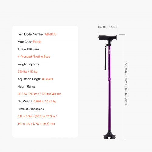 Walking Cane Folding Walking Stick with 8Level Height 4Pronged Pivoting