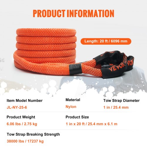 1 x 20 Kinetic Recovery Tow Rope 38000 lbs HeavyDuty Off Road Snatch