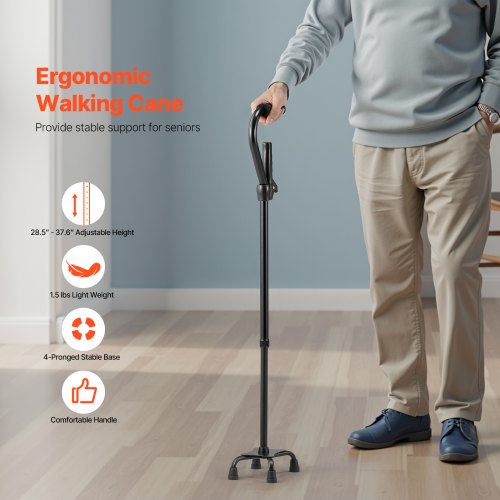 Quad Walking Cane 10Level Height Adjustable Walking Stick 4Pronged Stable