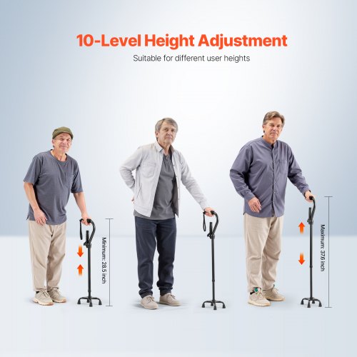 Quad Walking Cane 10Level Height Adjustable Walking Stick 4Pronged Stable