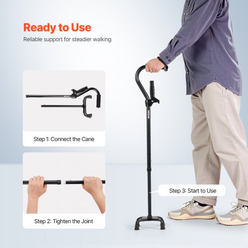 Quad Walking Cane 10Level Height Adjustable Walking Stick 4Pronged Stable