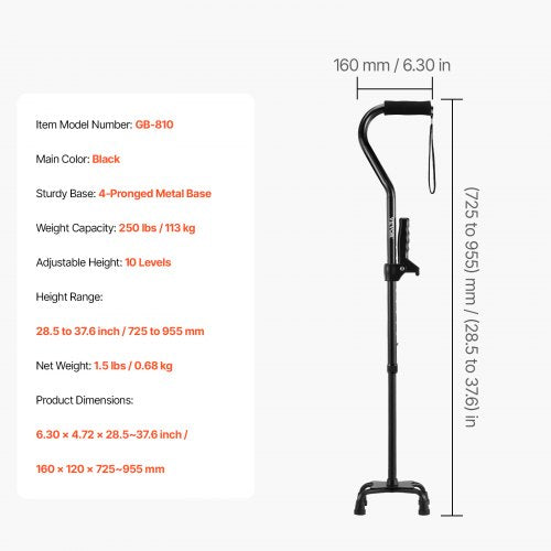 Quad Walking Cane 10Level Height Adjustable Walking Stick 4Pronged Stable