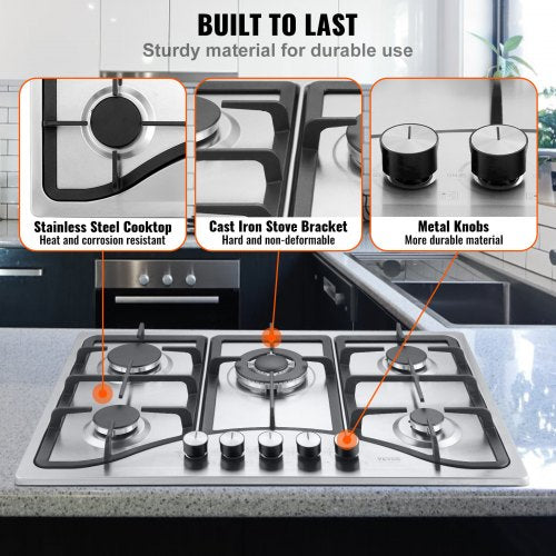 30inch Gas Cooktop 5 Burners Builtin Gas Stove Top Max 12250BTU NGLPG