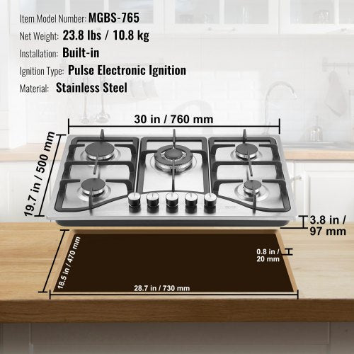 30inch Gas Cooktop 5 Burners Builtin Gas Stove Top Max 12250BTU NGLPG