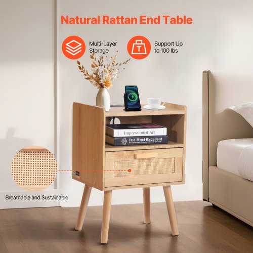 Rattan Nightstand Boho Bedside Table with Drawer Open Shelf Rattan End