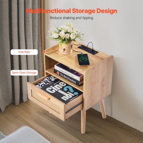 Rattan Nightstand Boho Bedside Table with Drawer Open Shelf Rattan End