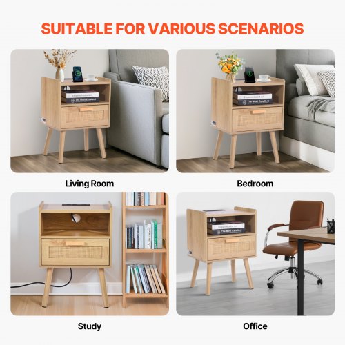 Rattan Nightstand Boho Bedside Table with Drawer Open Shelf Rattan End